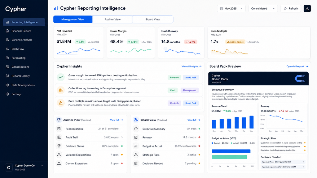 Client-supplied Cypher Reporting Intelligence example showing May 2025 demo-company data